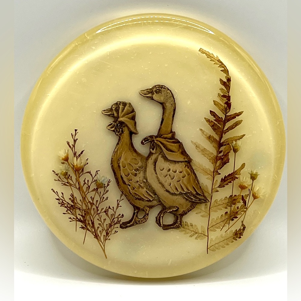 Vintage Lucite Acrylic Pressed Flowers Two Geese Round Trivet MCM 5 in Diameter